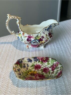 Vintage Floral Gold-Trim Porcelain Creamer and Dish